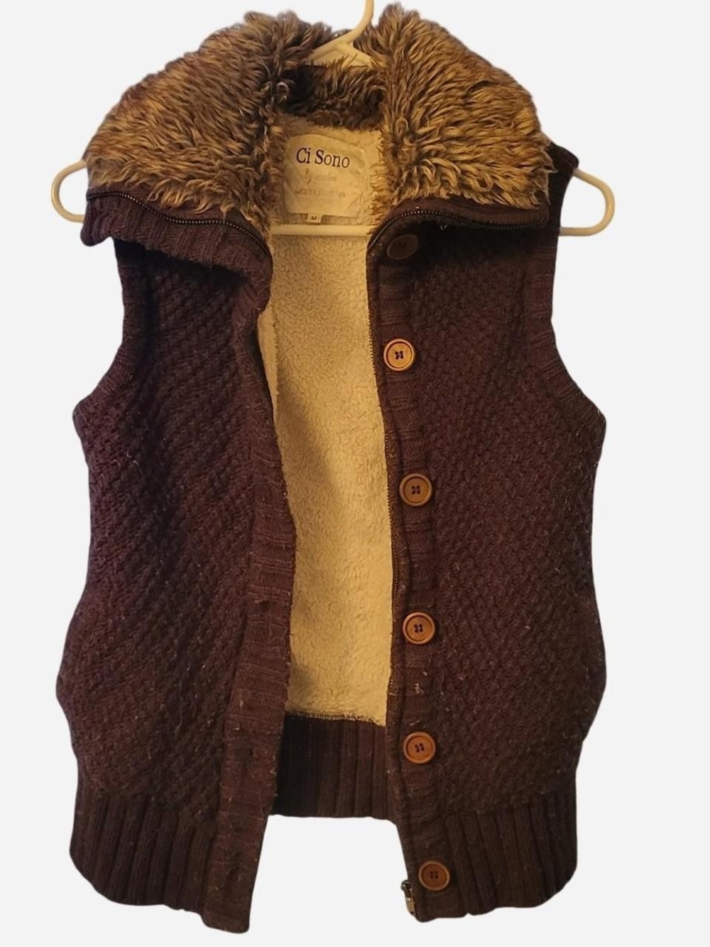 Ci Sono Dark Brown Knit Button-Front Vest with Faux Fur Collar